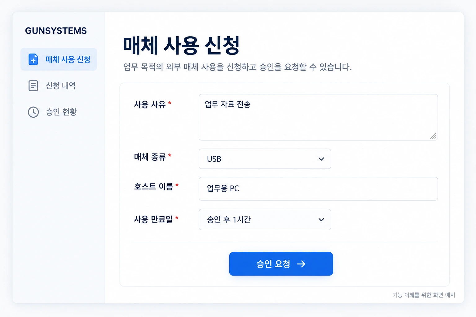 매체 사용 사유와 종류, 사용 기간을 지정하는 신청 화면 예시.